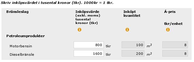 [3] Övriga Bränslen Om du använt något bränsleslag som inte finns förtryckt ska du ange det längst ner i Fråga 2 under Övriga bränslen.