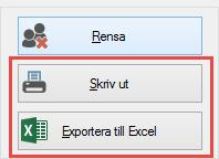 SKRIVA UT ELLER EXPORTERA DATA TILL EXCEL Innan varje rensning utförs finns möjlighet att exportera aktuellt data till Excel eller att skapa en PDF för utskrift.