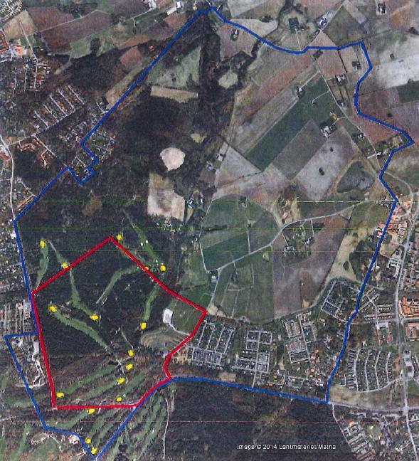 Söndrums VSO i Halmstad Beslut från lst Halland den 20 maj 2005 Blå linje visar sekundär zon Röd linje visar primär zon Gula fläckar visar greener Enligt vattenskyddsföreskrifterna 2 b krävs