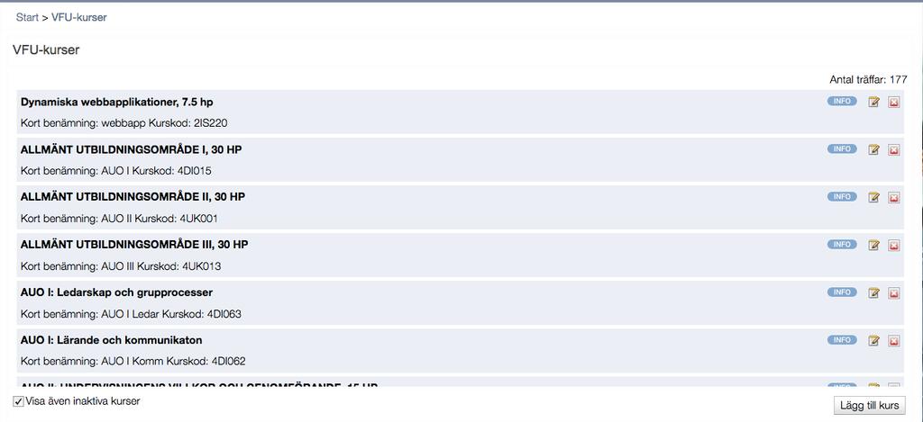 Lista över VFU-kurser Här visas en lista över alla