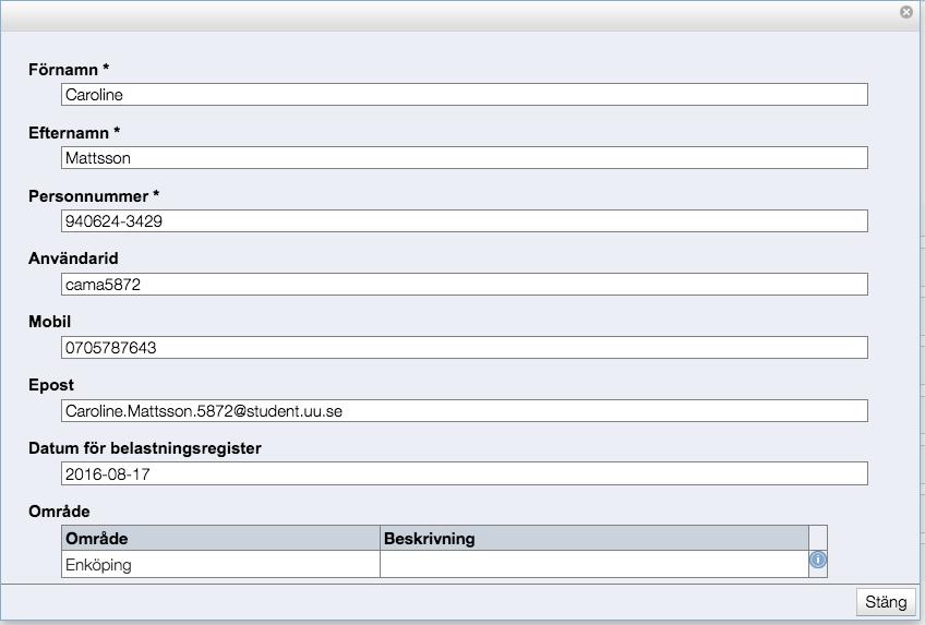 Lista områdets studenter Här visas en lista över alla studenter som tillhör ditt område.