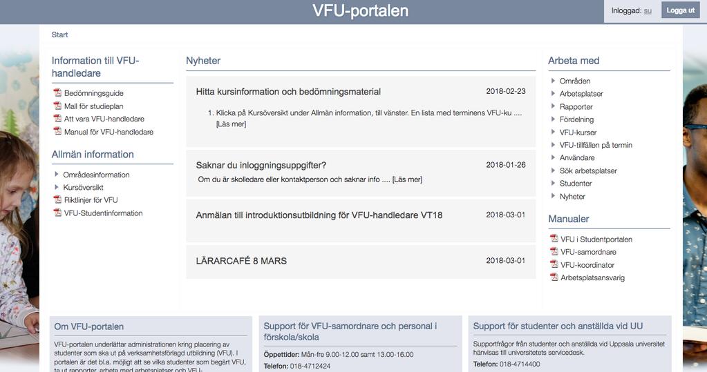 Efter att ha loggat in kommer du först till en Startsida. Beroende på vilken roll du har i systemet får du tillgång till olika länkar här.