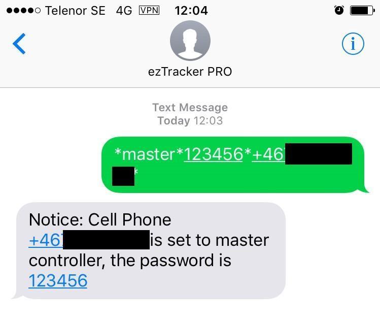 *master*123456*landskod och ditt mobilnummer* Du ska alltså smsa mobilnumret du ska spåra ifrån. 07012312312 blir t.ex. +467012312312 3. Grattis!