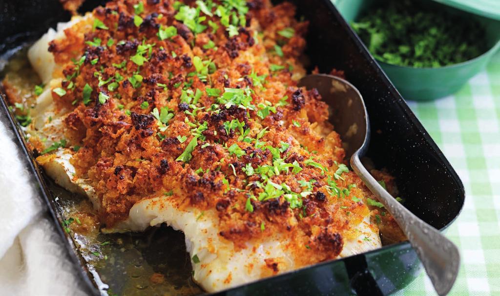 RECEPT 1 35 min 488 kcal/port Fett 11g Kolhydrater 63g Protein 33g Fisk i ugn med krispig topping Snabbfixad ugnsfisk med pressad potatis.