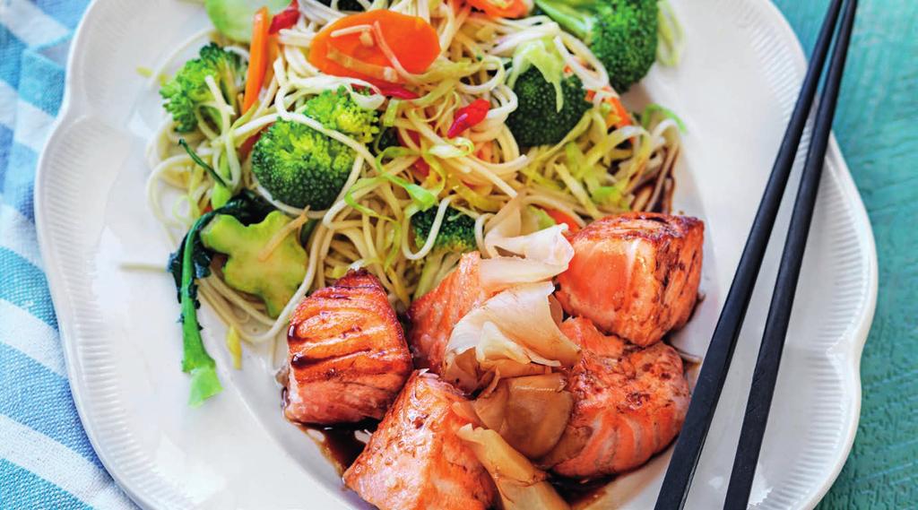 RECEPT 1 25 min 410 kcal/port Fett 53% Kolhydrater18% Protein 29% Halstrad lax med nudelwok Fräsch och otroligt god nudelrätt med lax.