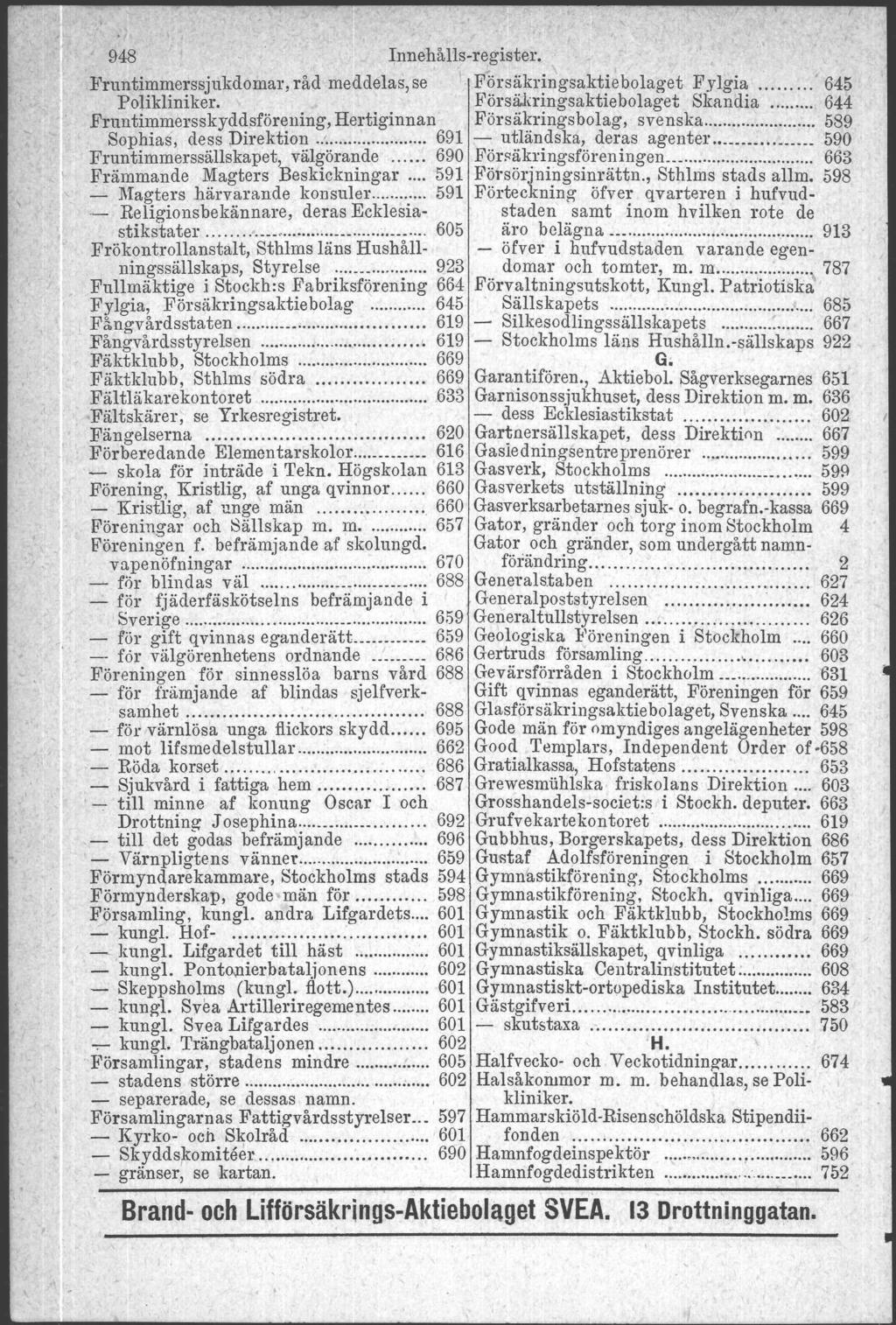 948 Innehålls-register, Fruntimmerssjukdomar. råd meddelas, se I F6rsäkringsaktiebolaget F ylgia.' 645 Polikliniker.