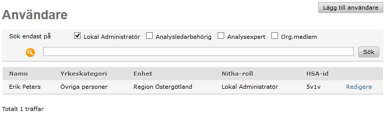 4 Administrering av användare 4.1 Visa användare i Nitha Analysledare och lokal administratör kan söka och lista Nitha användare. 1. Välj Lokal adm i huvudmenyn. 2. Välj Användare i vänstermenyn. 3.