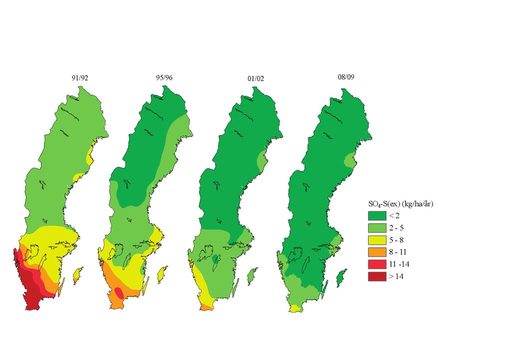 figur 3. Svaveldeposition (sulfatsvavel exklusive havssaltets bidrag) i granskog i Sverige mellan 1991/92 och 2008/09. källa: IVL, Krondroppsnätet.