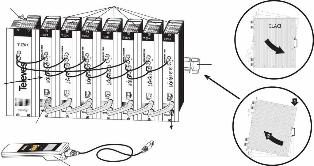 Delar i T-0X serien Mottagare TOX Ref: 5537, QPSK-PAL Twin 1xCI, stereo Transmodulator TOX Ref: 5630, DVB-S2-QAM TWIN Transmodulator TOX Ref: 563101, DVB-S2 till COFDM Transmodulator TOX Ref: 563301,