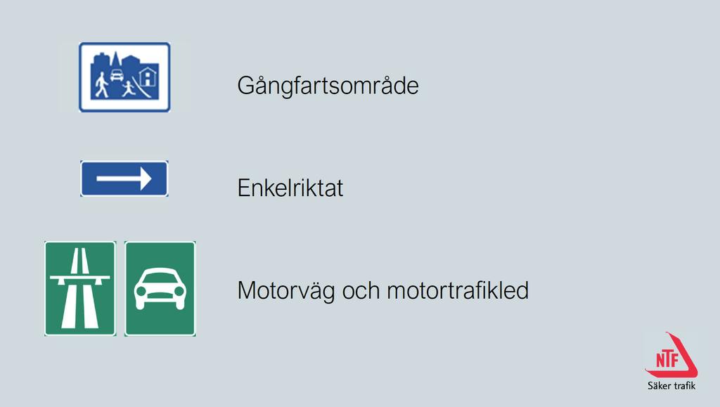 Bild 7. Viktiga skyltar Gångfartsområde I ett gångfartsområde samsas gående, cyklister och bilister. Här får fordon inte köra fortare än gångfart (cirka 7 km/tim).