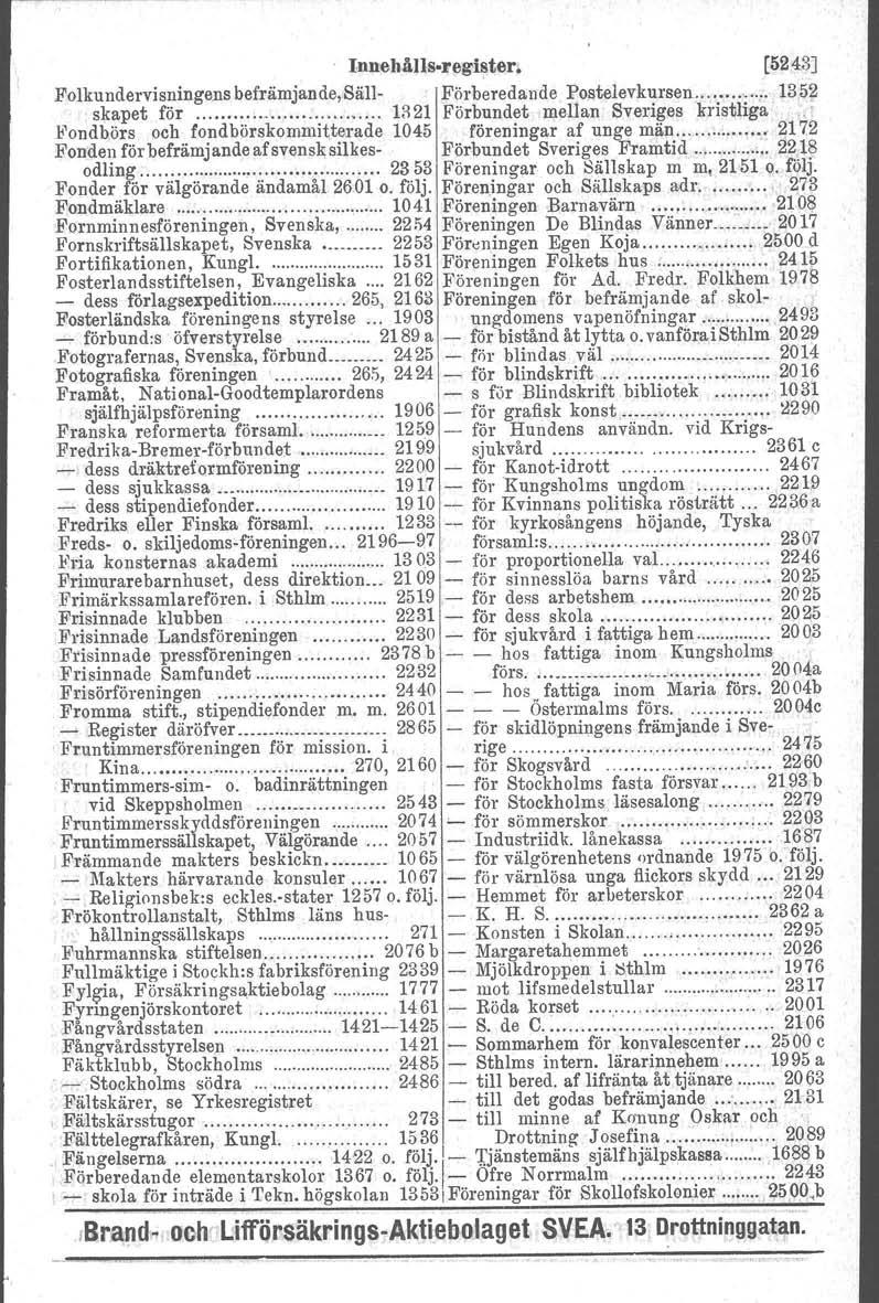 Innehåns.regi~ter. (5243) Folkundervisningens befrämjande, Säll- Pörberedande Postelevkursen 135~ skapet för...... lr21 Förbundet mellan Sveriges kristliga.