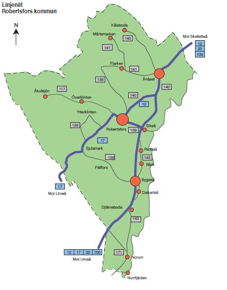 4 Robertsfors kommun ansvarar/betalar för linjerna 117, 136, 138, 139, 140, 141, 143 och 171 till kommungränsen. I nuläge sker ingen samordning mellan skolskjutsar och färdtjänst.