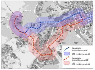 Bild 16. Undersökta nya rutter för kollektivtrafik i planeringsområdet.