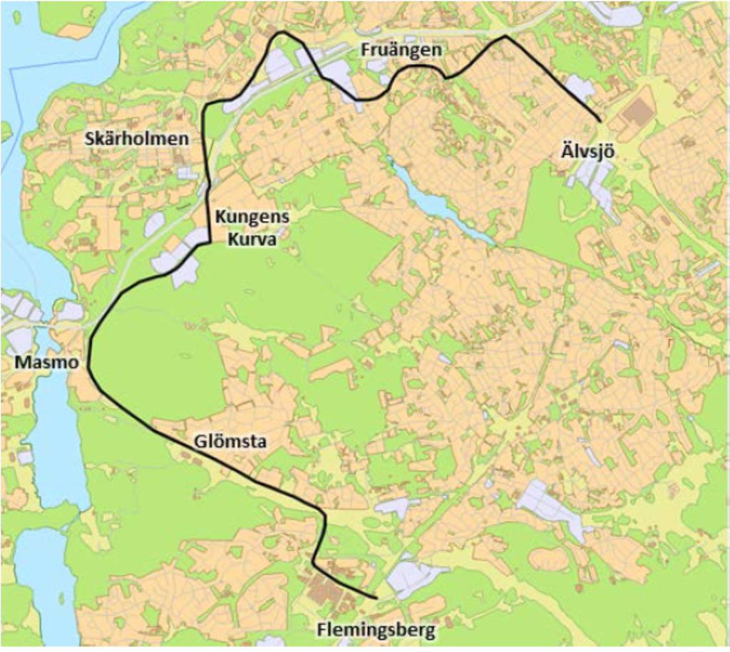 spårvägsbygget i två etapper: Flemingsberg till Skärholmen som första etapp och Skärholmen till Älvsjö som andra etapp (se figur 1).