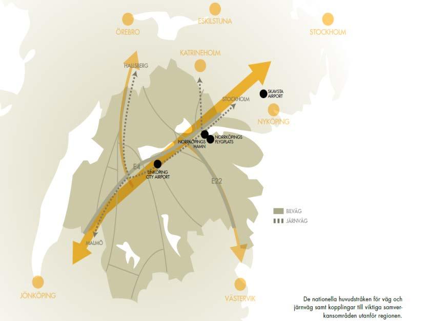 21 nya förutsättningarna och där olika transportslag kan komplettera varandra. Östergötland har i grunden bra och naturliga grundstrukturer när det gäller vägar, järnvägar, flyg och hamn.