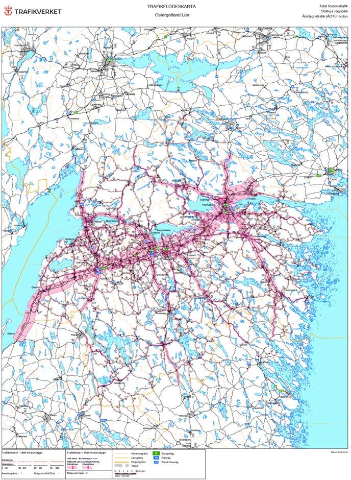 22 Karta 11: Trafikflöden totalt i Östergötland 2016 (källa: Trafikverket) När det gäller järnvägen så dras Södra stambanan mellan Norrköping och Linköping samt