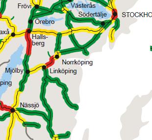 23 Karta 12: Kapacitetsbegränsningar på järnvägen i Östergötland 2015, rött=stora, gult=medelstora och grönt=små (källa: Trafikverket) 5.