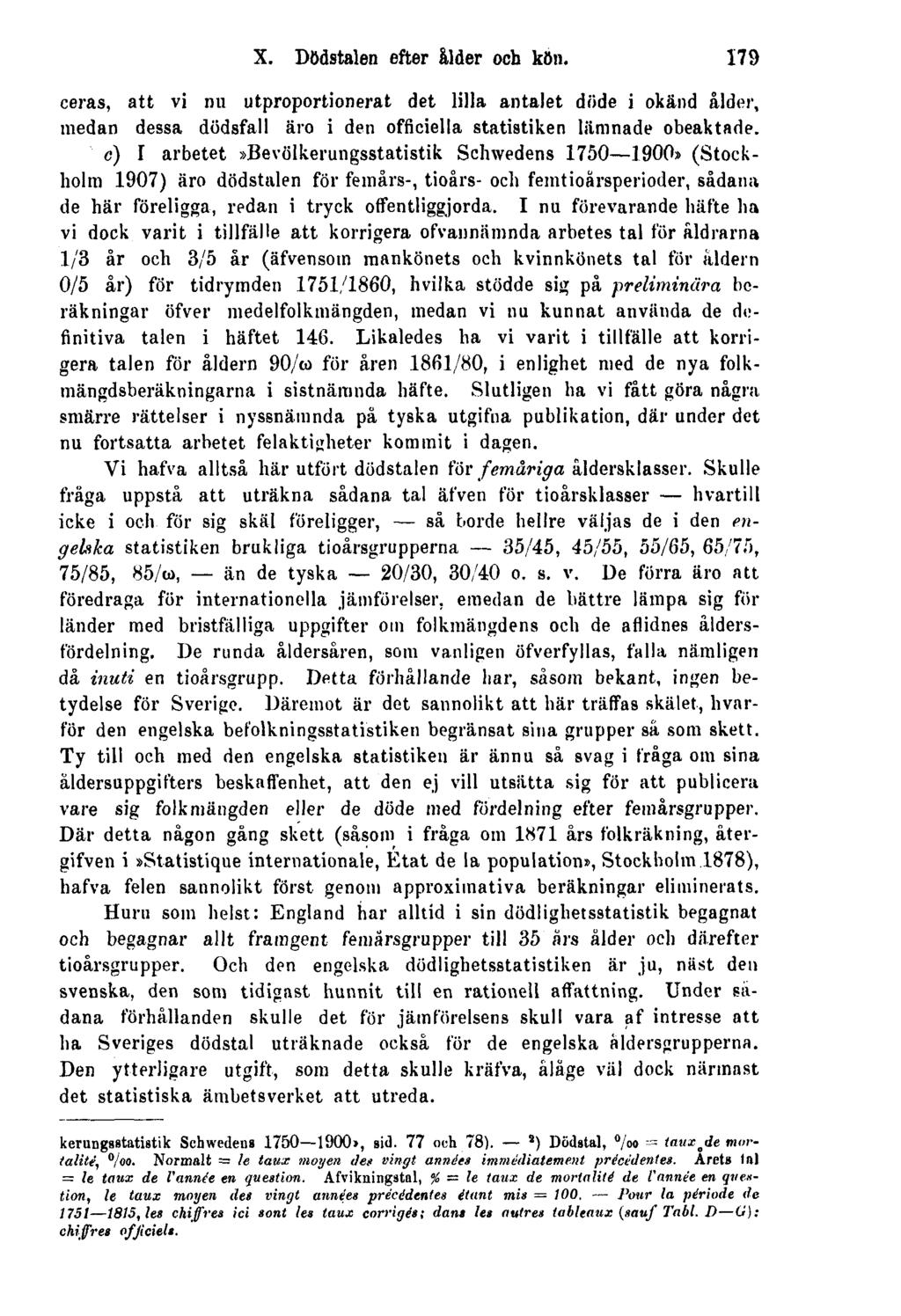 X. Dödstalen efter ålder och kön. 179 ceras, att vi nu utproportionerat det lilla antalet döde i okänd ålder, medan dessa dödsfall äro i den officiella statistiken lämnade obeaktade.