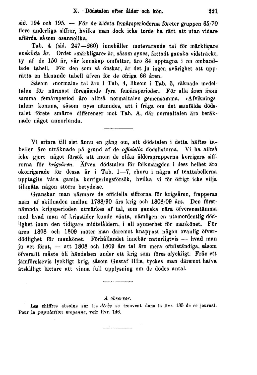 X. Dödstalen efter ålder och kön. 221 sid. 194 och 195.