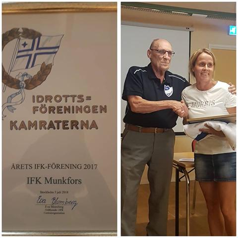 Ordförande Åsa Törnqvist mottager klubbens stolta utnämning Årets IFK-förening. Centralstyrelsens hedersordförande Orvar Blomberg gratulerar.