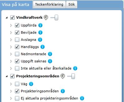 4.1.1 Visa på karta Fliken "Visa på karta" innehåller Vindbrukskollens lagerlista. Här finns alla kartlager som är tillgängliga i Vindbrukskollen.