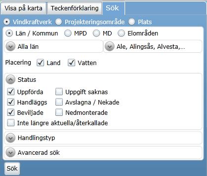 Vill du söka på vindkraftverk med en bestämd status väljer du detta genom att bocka i rutan/rutorna framför statusnamnet och sedan klicka på sök.