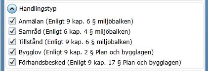 Under fliken handlingstyp kan du specificera din sökning genom att välja en eller flera handlingstyper. Som grundinställning är alla handlingstyper markerade. 4.