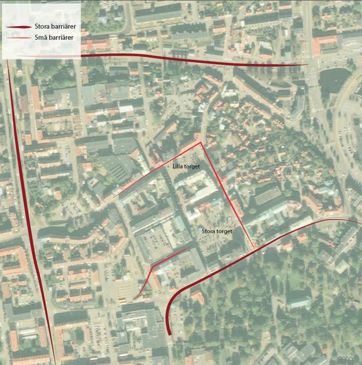 Fördjupad analys handeln i Oskarshamn Barriärer i stadskärnan De stora barriärerna som går runt om stadskärnan skapar tillsammans med havet i öst en kvadrat som går runt om stadskärnan.