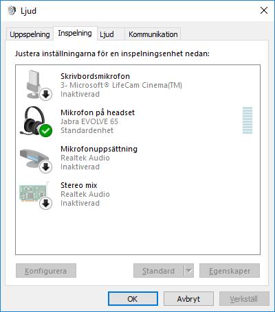 I nästa flik, Inspelning, så ska man ha samma telefonikon förvald på headsetet.