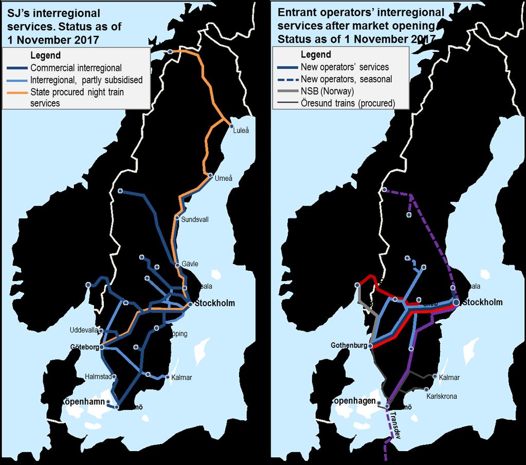 23 Figure 3: SJ s long-distance services (left) and the new operators interregional train traffic that has been