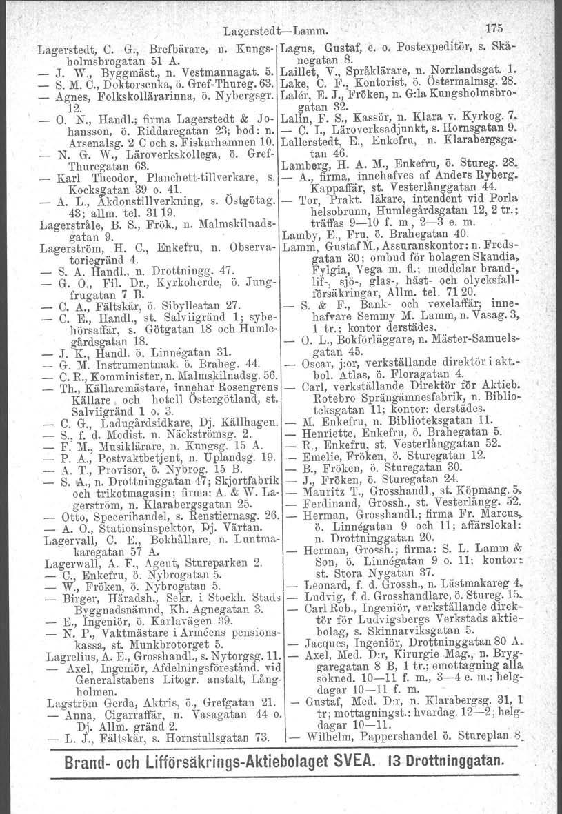 Las;-erstec1t-Lamm. ' 175 Lagerstedt, C. G., Brefbärare, n. Kungs- Lagus, Gustaf, e. o. Postexpeditör, s. Skåholmsbrogatan 51 A. J. W., Byggmäst., n. Vestmannagat. negatan 8. 5. Laillet, V.