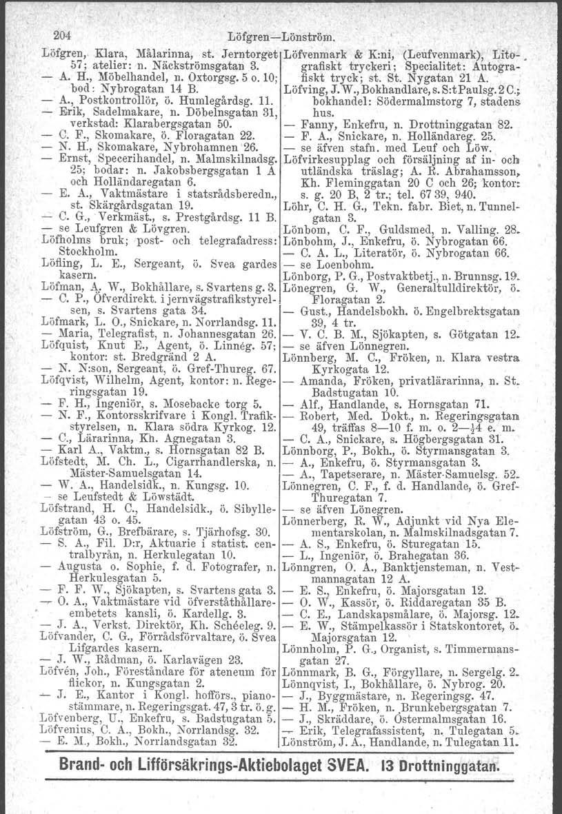204 Löfgren-Lönström.. Löfgren, Klara, Målarinna, st. Jerntorget Löfvenmark & K:rii, (Leufvenmark), Lito-. 57; atelier: n. Näckströmsgatan 3. grafiskt tryckeri; Specialitet: Autogra- - A. H.