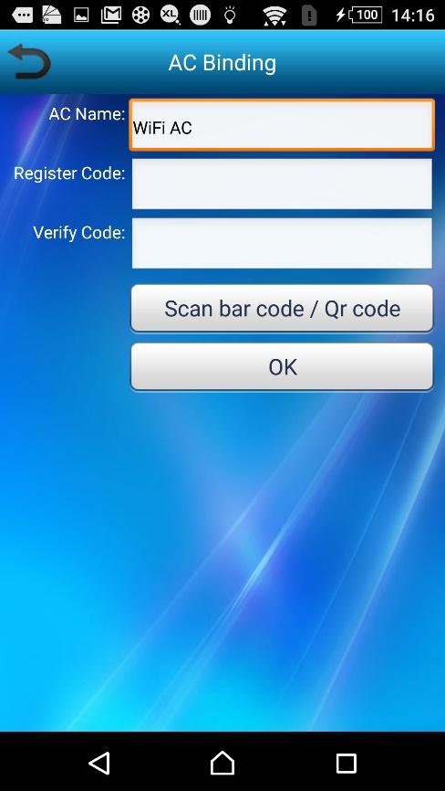 Tryck på OK Skanning av QR kod. QR kod och uppgifterna finns på en lapp som sitter ovanför WIFI C stickan.