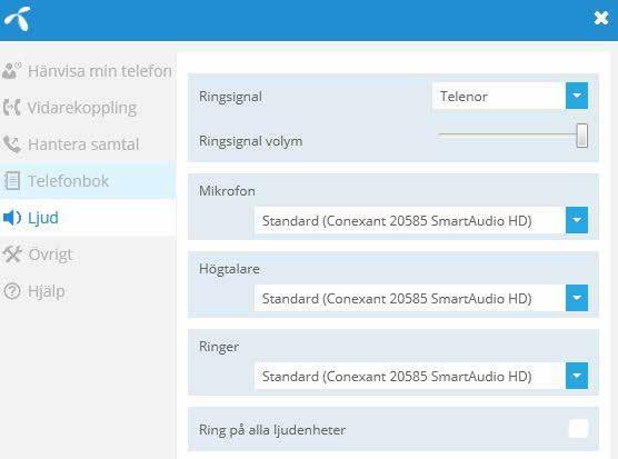 (exempelvis i både headset och datorns högtalare) Valet är överordnat valet Ringer 1 2 3 4 5 6 3.9.7 Övrigt Under övrigt finns diverse inställningar. Inställningen är aktiv när den är markerad. 1. Softphone alltid överst sidan lägger sig alltid överst på bildskärmen 2.