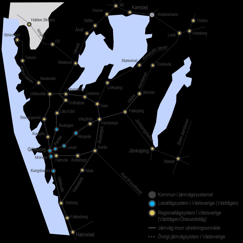 16 (72) Figur 6 Karta över utredningsområdet som avgränsas runt Göteborgsområdet med tillhörande trafikeringssystem för lokaloch regionaltåg i Västra Götaland och Halland.