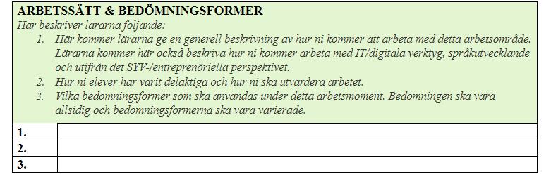 SYV-perspektivet samt det entreprenöriella perspektivet i de olika arbetsområdena har vi fört in detta i de pedagogiska planeringarna.