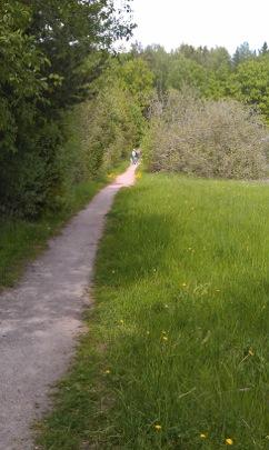 1,4-1,6 km (motionsspår) En kort sträcka på drygt 200 meter följer banan på nytt motionsspåret ned över en äng, när man passerat ängen