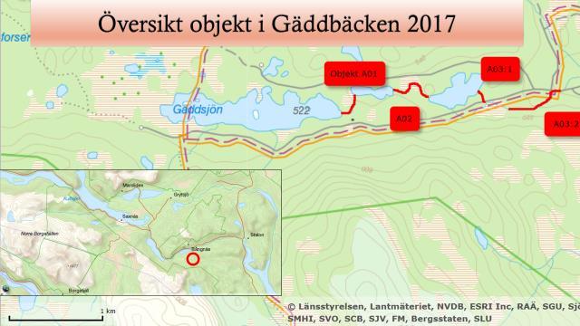 Figur 3. Översikt över restaurerade objekt i Gäddbäcken under 2017. Inventering flodpärlmussla Marsån Innan restaureringen påbörjades inventerade vi sträckorna på eventuell förekomst av mussla.