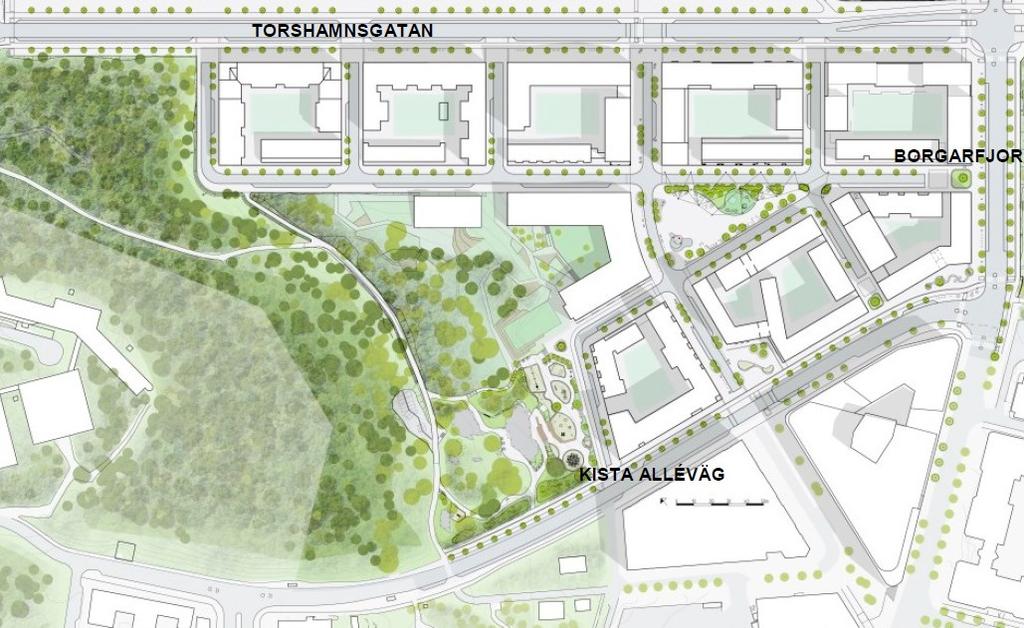 Sida 6 (12) Illustrationsplan Gatorna i Kista Äng ansluter till, kompletterar och förtätar det befintliga gatunätet i området.