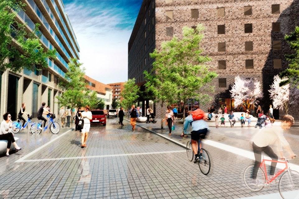 Det övergripande målet är att stärka den mänskliga skalan med en mer finmaskig gatustruktur där alla trafikslag samsas och där gående och cyklister kan röra sig tryggt.