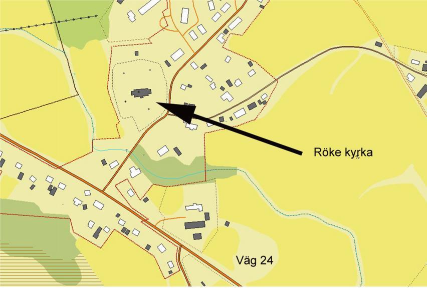 Karta över Röke med kyrkan utpekad.