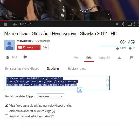 YouTube Börja med att leta upp det videoklipp som ska bäddas in på hemsidan. Klicka på Dela och sedan Bädda in.