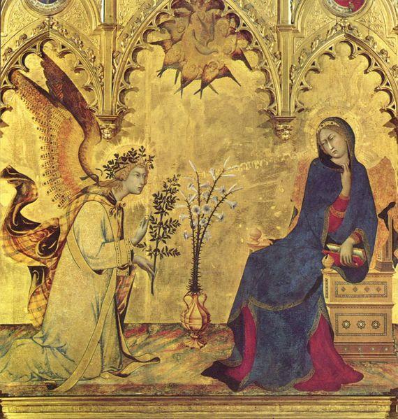 Det kristna måleriet under Medeltiden innehöll mycket symbolik. I Bebådelsen av Simone Martini ser vi ängeln som kommer till Maria och berättar att hon är gravid med Guds son.