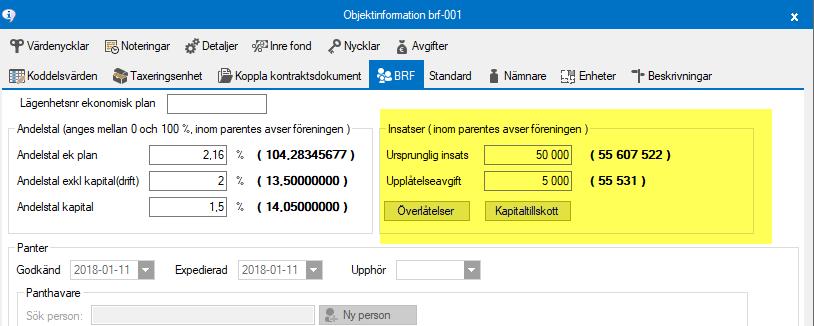 Ursprunglig insats, Upplåtelseavgift och Lägenhetsnr ek plan.