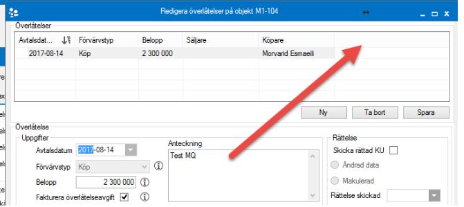 ANTECKNING VISAS I LISTA ÖVER ÖVERLÅTELSER I listan över överlåtelser (brf) visas nu anteckningar som en kolumn. Se nedan bild.