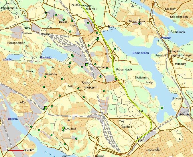 Solna stad - Stöld från bil- bildelsstöld, totalt 8 i augusti 2018. Teckenförklaring: En grön prick = 1 brott, en grön fyrkant = 2-5 brott. En gul fyrkant = 6-10 brott.