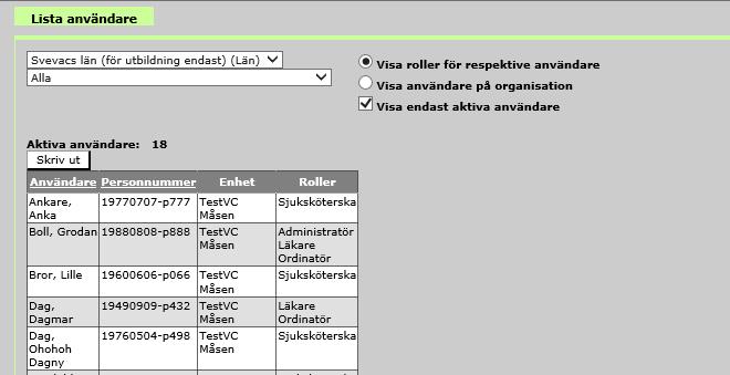 Välj sedan ett av alternativen: Visa roller för respektive användare Visa användare på