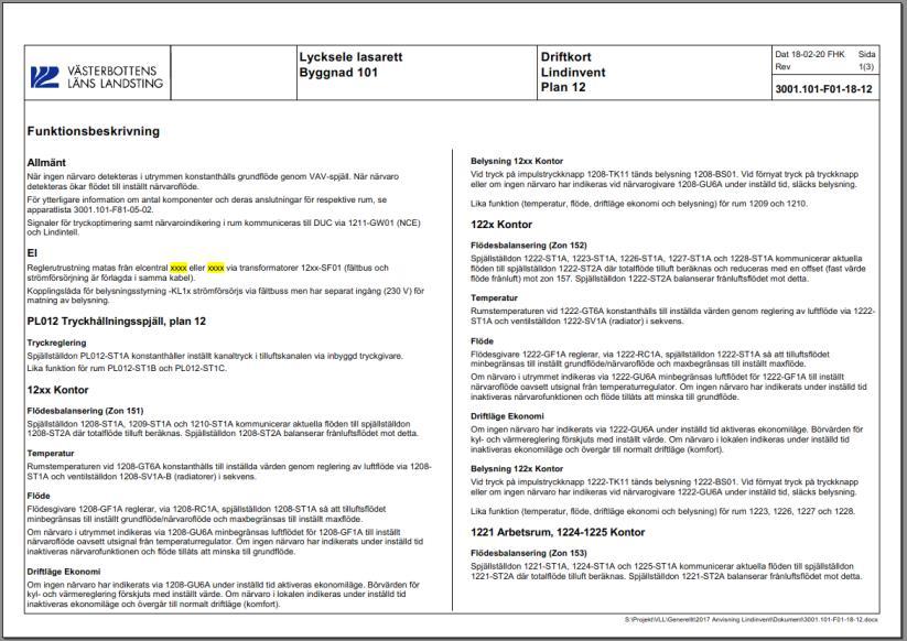 2.3 Driftkort och apparatlista Driftkort VLL:s typdriftkort för Lindinvent beskriver funktioner för respektive typrum och fungerar som anvisning till ventprojektör.