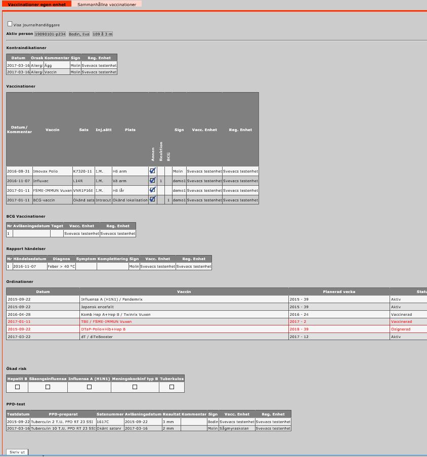 Vaccinationsjournalerna innehåller samtliga uppgifter som är registrerade på den aktiva personen, förutom vaccinationer även rapporterade händelser (reaktioner), kommentarer, PPD-test,
