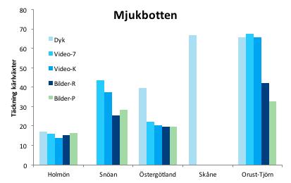 Figur 7. Medeltäckningsgrad av kärlväxter skattad på (a) hårdbotten och (b) mjukbotten i olika områden och med olika visuella undervattensmetoder (n = 5).